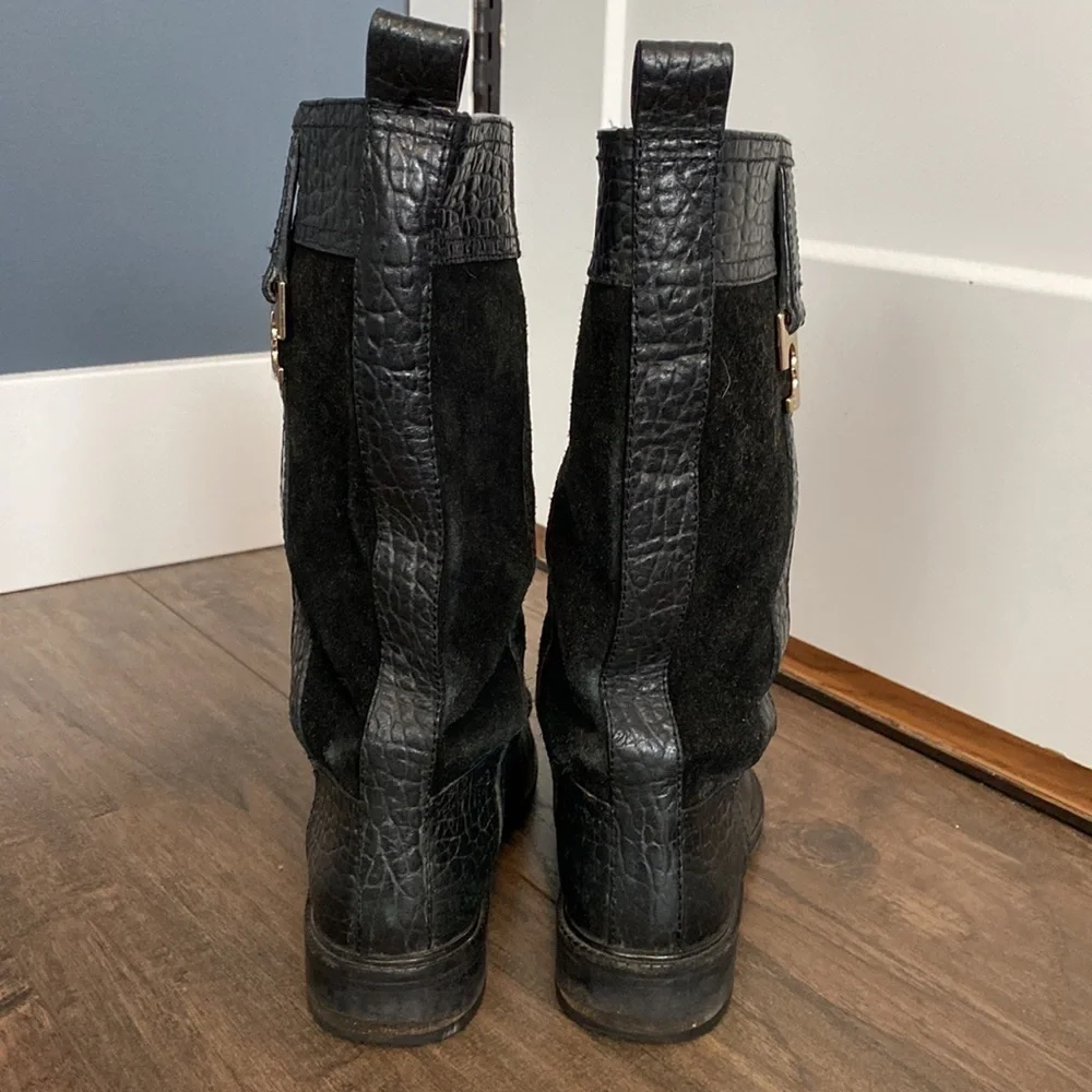 Tory Burch Moto Riding Mid Calf Pebbled Leather Boot